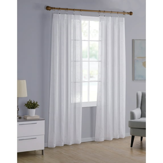 Mainstays Embroidered Scroll Sheer Single Curtain Panel, White, 38" W x 84" L