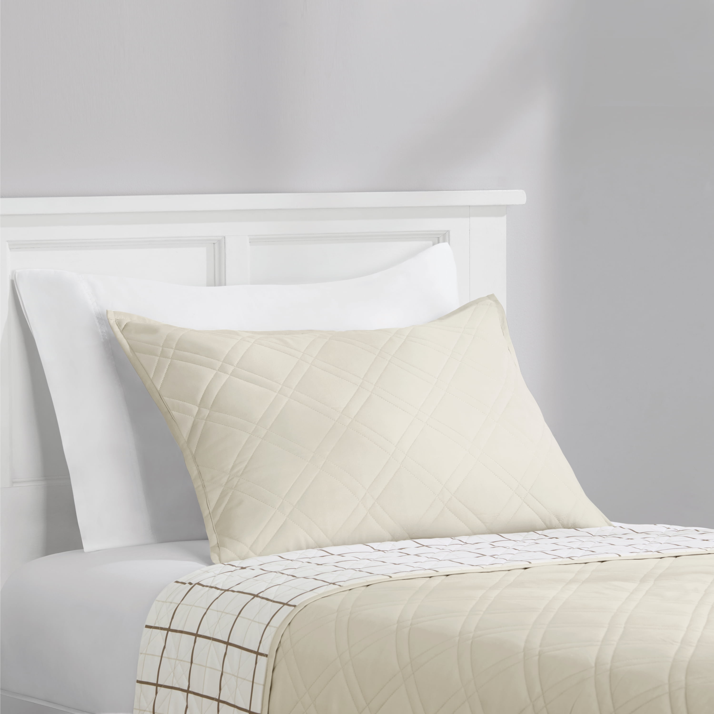 Mainstays King Pillow Sham - Soft Microfiber - Beige Plaid, Decorative Bed Sham, 1 Pack