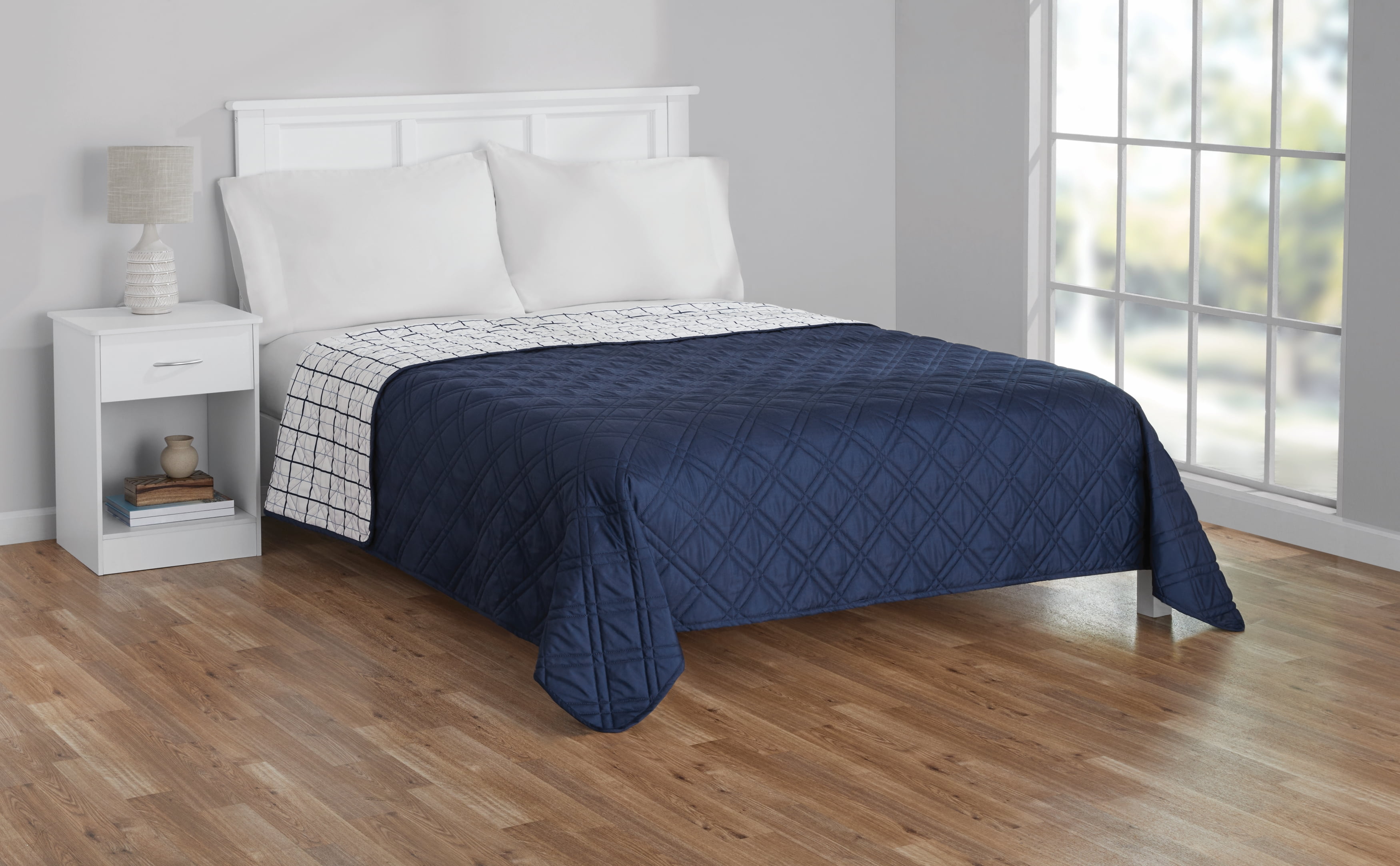 Mainstays Full/Queen Quilt – Soft Microfiber – Blue Plaid – Lightweight & Reversible Bedding