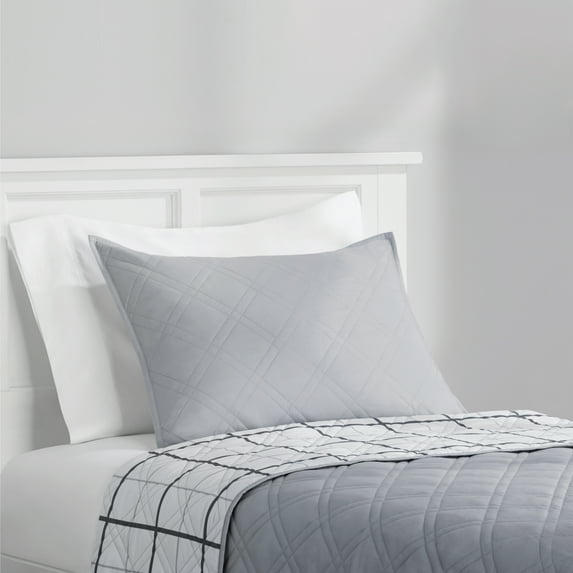 Mainstays King Pillow Sham - Soft Microfiber - Gray Plaid, Decorative Bed Sham, 1 Pack