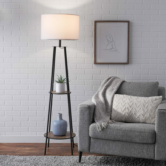 Mainstays Etagere 62" Matte Black Mid-Century Style Floor Lamp, with 2 Wood Shelves