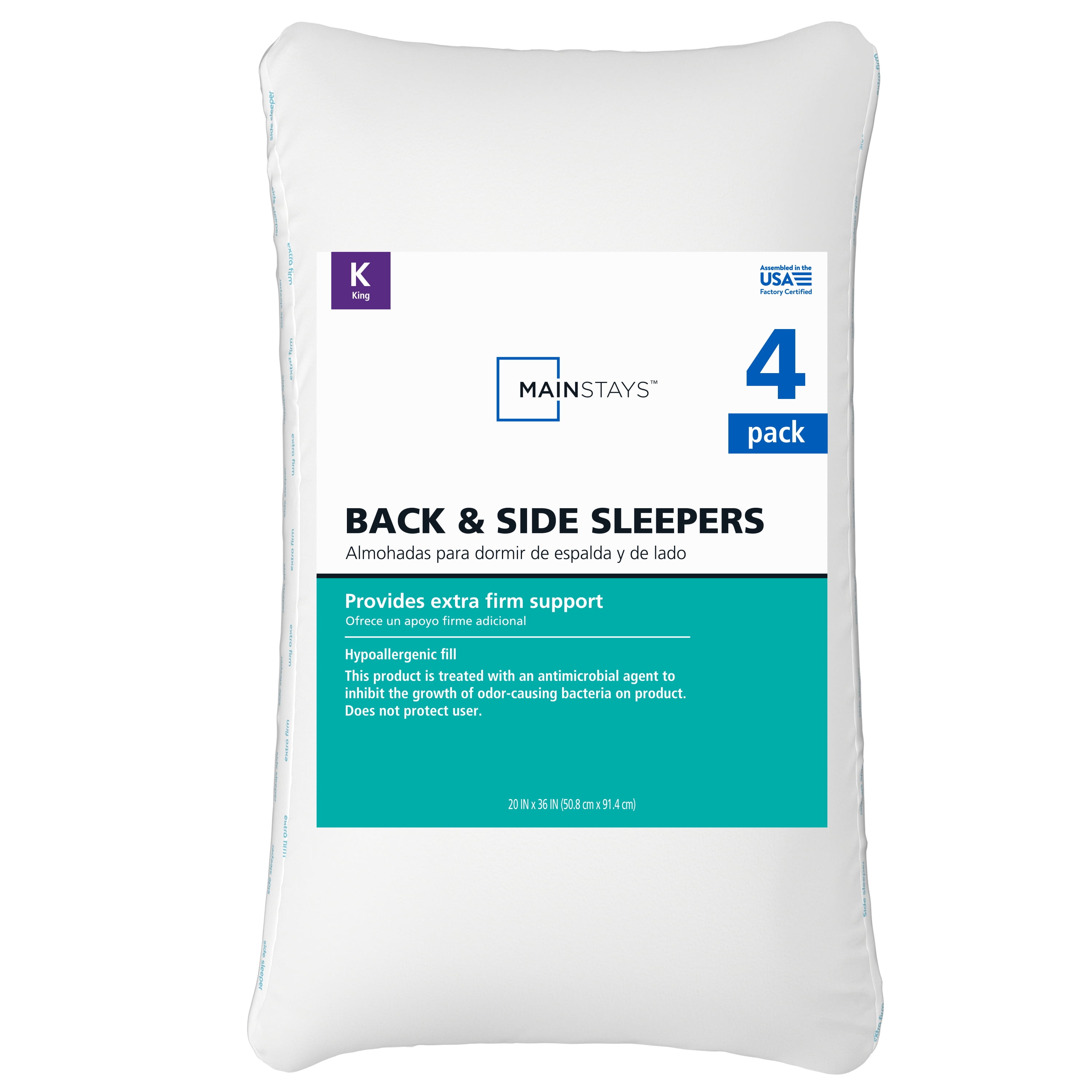 Mainstays Extra Firm Support for Side Sleepers Pillow, King, 4 Pack