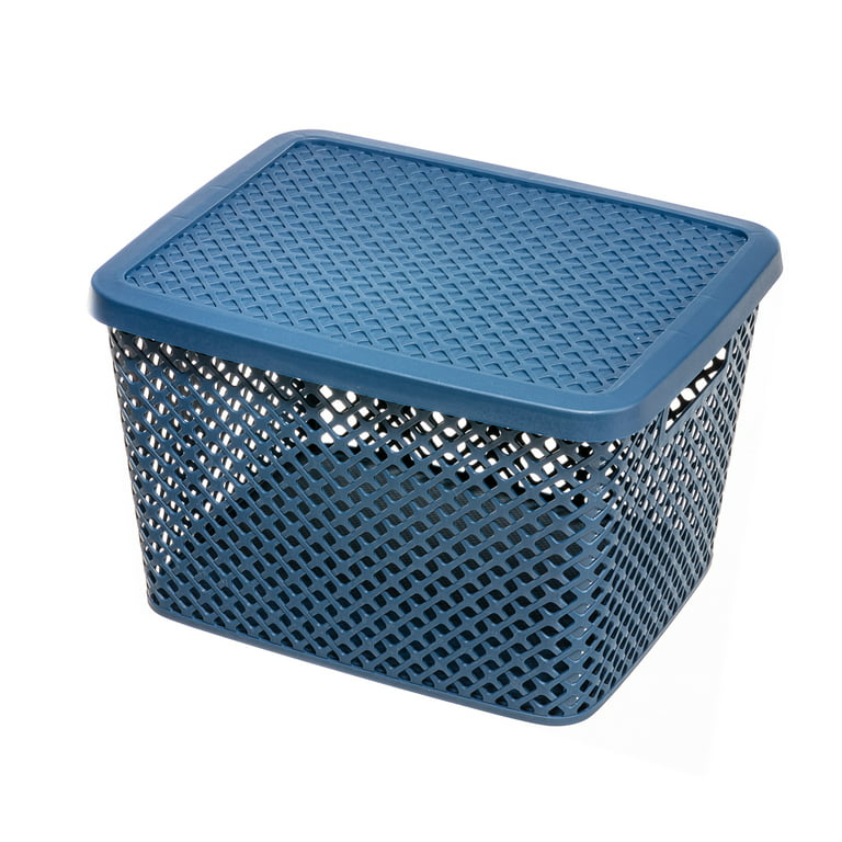 Mainstays Extra Large Decorative Plastic Storage Basket With Lid, Blue Cove  