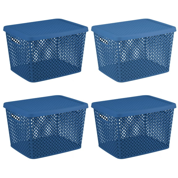 Mainstays Extra Large Decorative Plastic Storage Basket W/Lid, Blue Cove