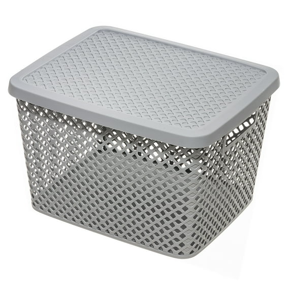 Mainstays Extra Large Decorative Plastic Storage Basket w/Lid, Gray