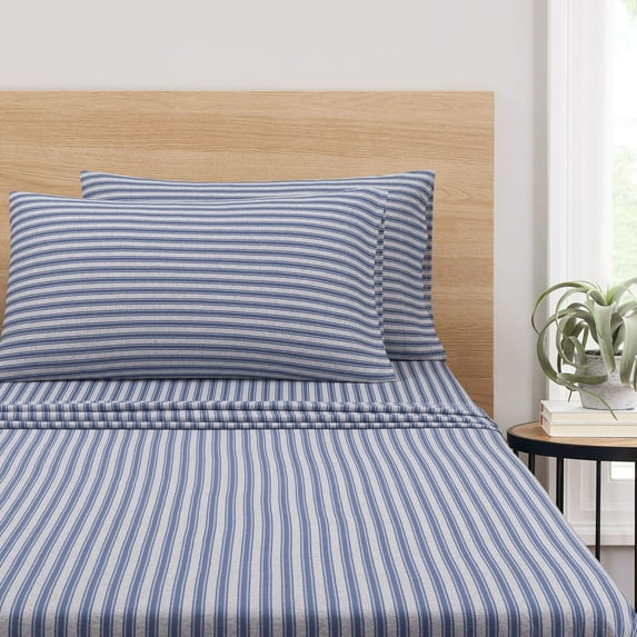 Mainstays Extra Soft Adult Jersey Bed Sheet Set, Queen, Blue Stripe, 4 Pieces