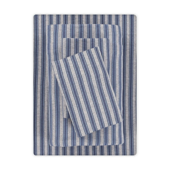 Mainstays Cotton Rich Extra Soft Jersey Bed Sheet Set, Queen, Blue Stripe, 4 Pieces