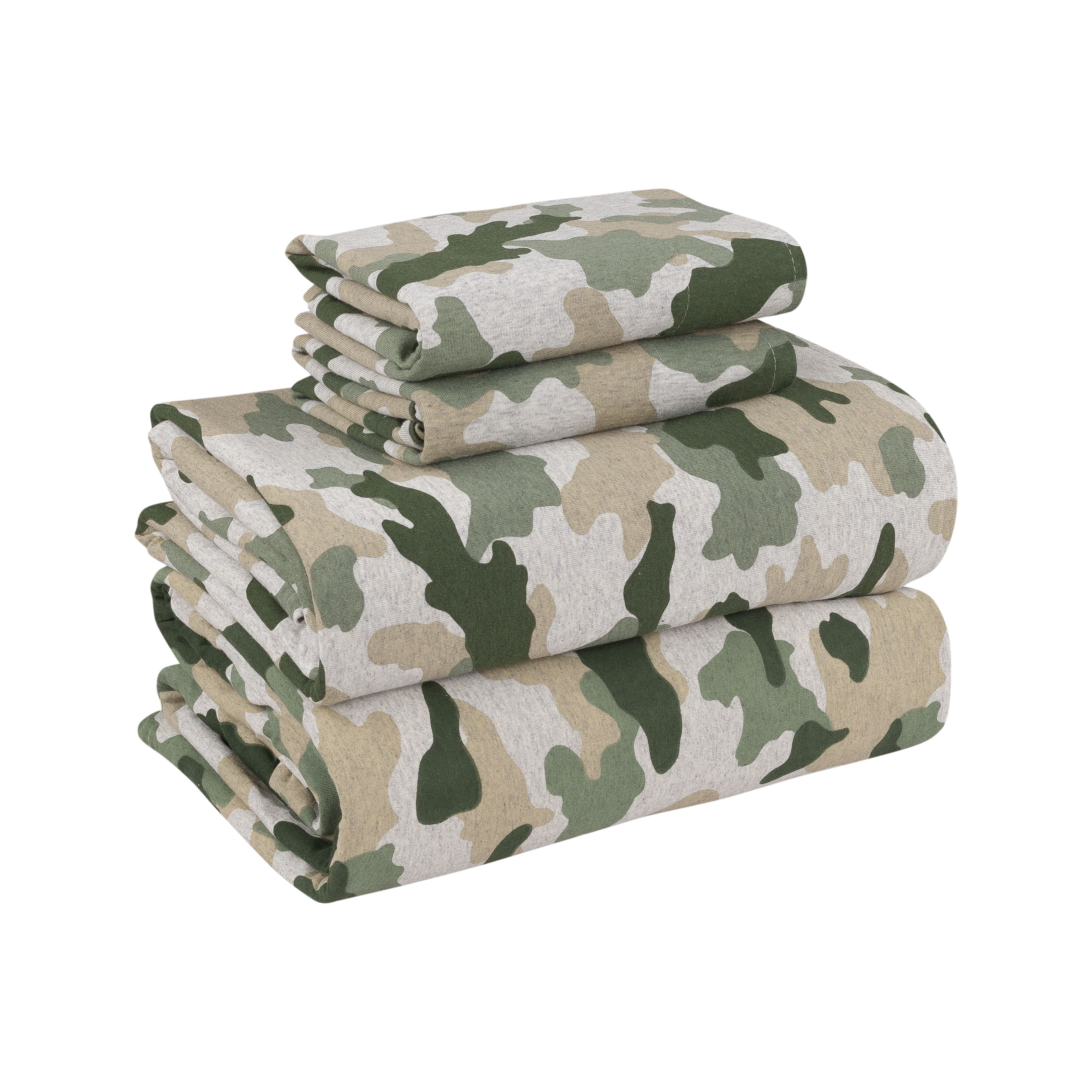 Mainstays Cotton Rich Extra Soft Jersey Bed Sheet Set, Twin-XL, Camo, 3 Pieces
