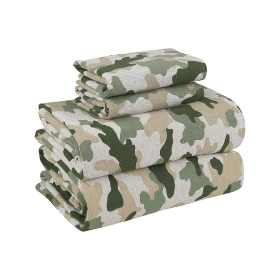 Mainstays Cotton Rich Extra Soft Jersey Bed Sheet Set, Twin-XL, Camo, 3 Pieces