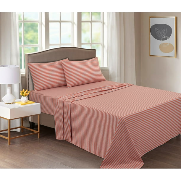 Mainstays Extra Soft Jersey Bed Sheet Set, Queen, Orange Stripes, 4