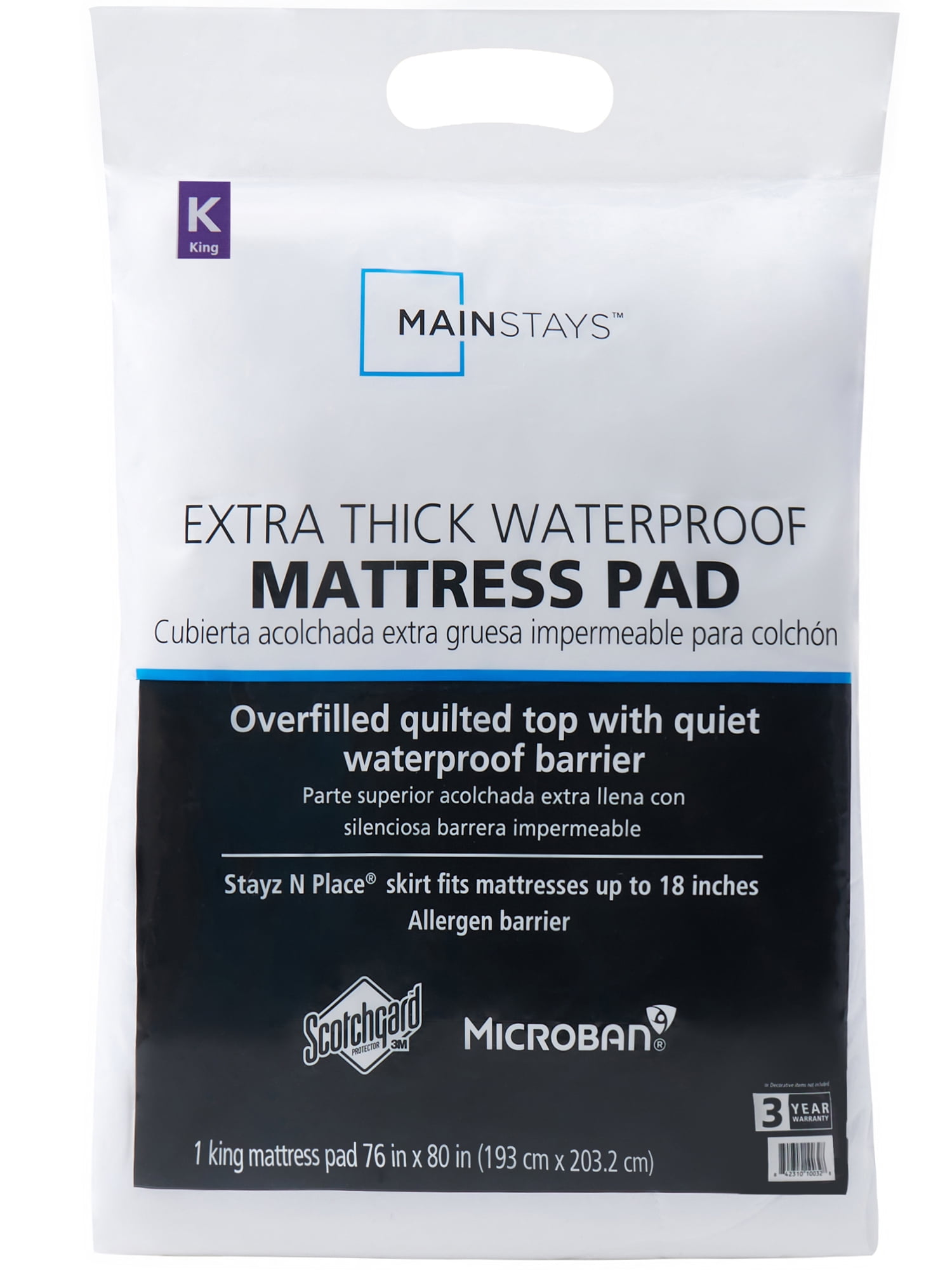 Mainstays Extra Thick Waterproof Mattress Pad, King 76 in x 80 in