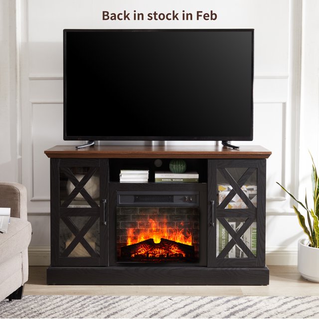 Mainstays Farmhouse Fireplace TV Stand for TVs up to 55", Black/Walnut