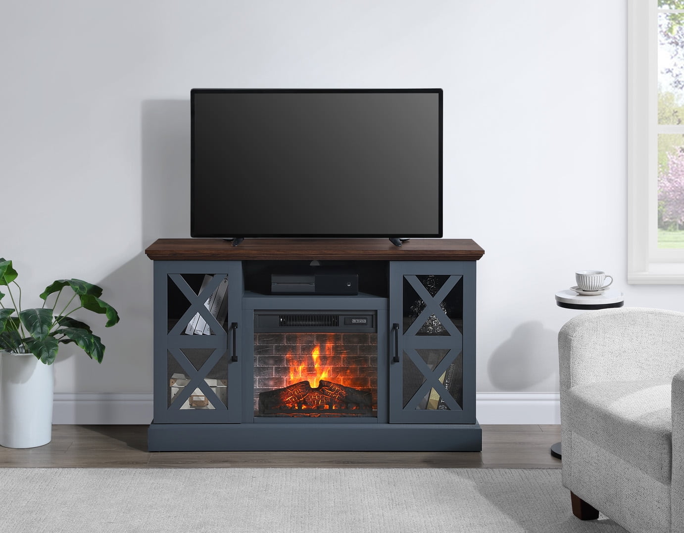 Mainstays Farmhouse Fireplace TV Stand for TVs up to 55", Navy/Walnut Finish
