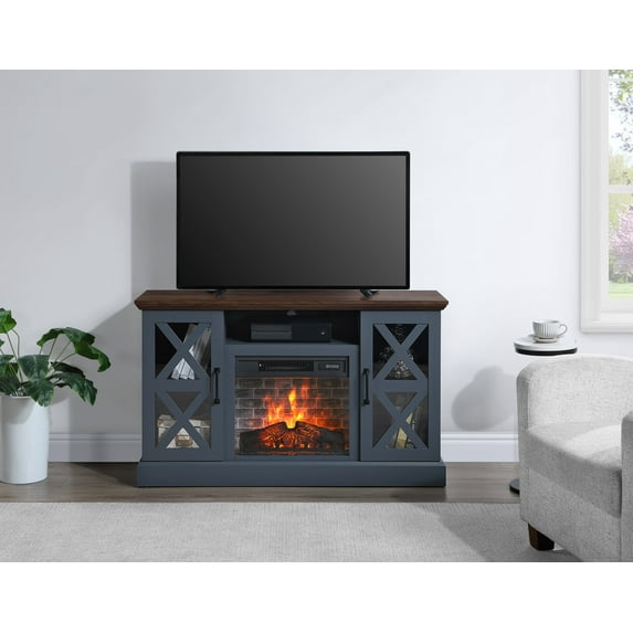Mainstays Farmhouse Fireplace TV Stand for TVs up to 55", Navy/Walnut Finish