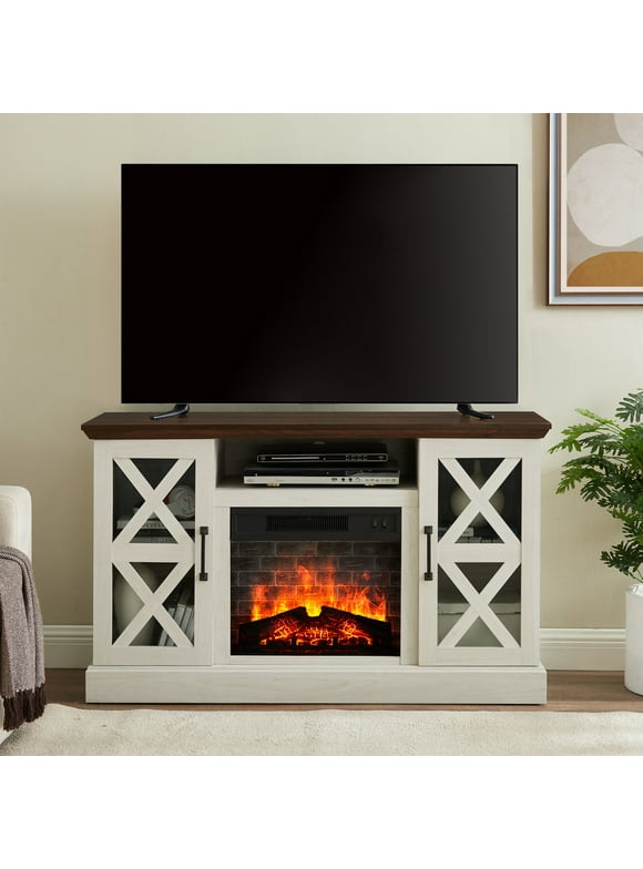 Mainstays Farmhouse Fireplace TV Stand for TVs up to 55", off White/Walnut