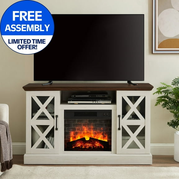 Mainstays Farmhouse Fireplace TV Stand for TVs up to 55", off White/Walnut