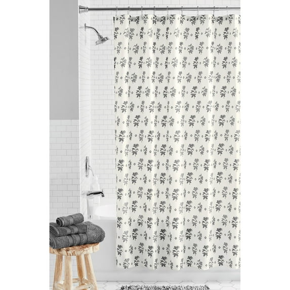 Mainstays Farmhouse Floral Grey Polyester Slub Shower Curtain, 72" x 72"