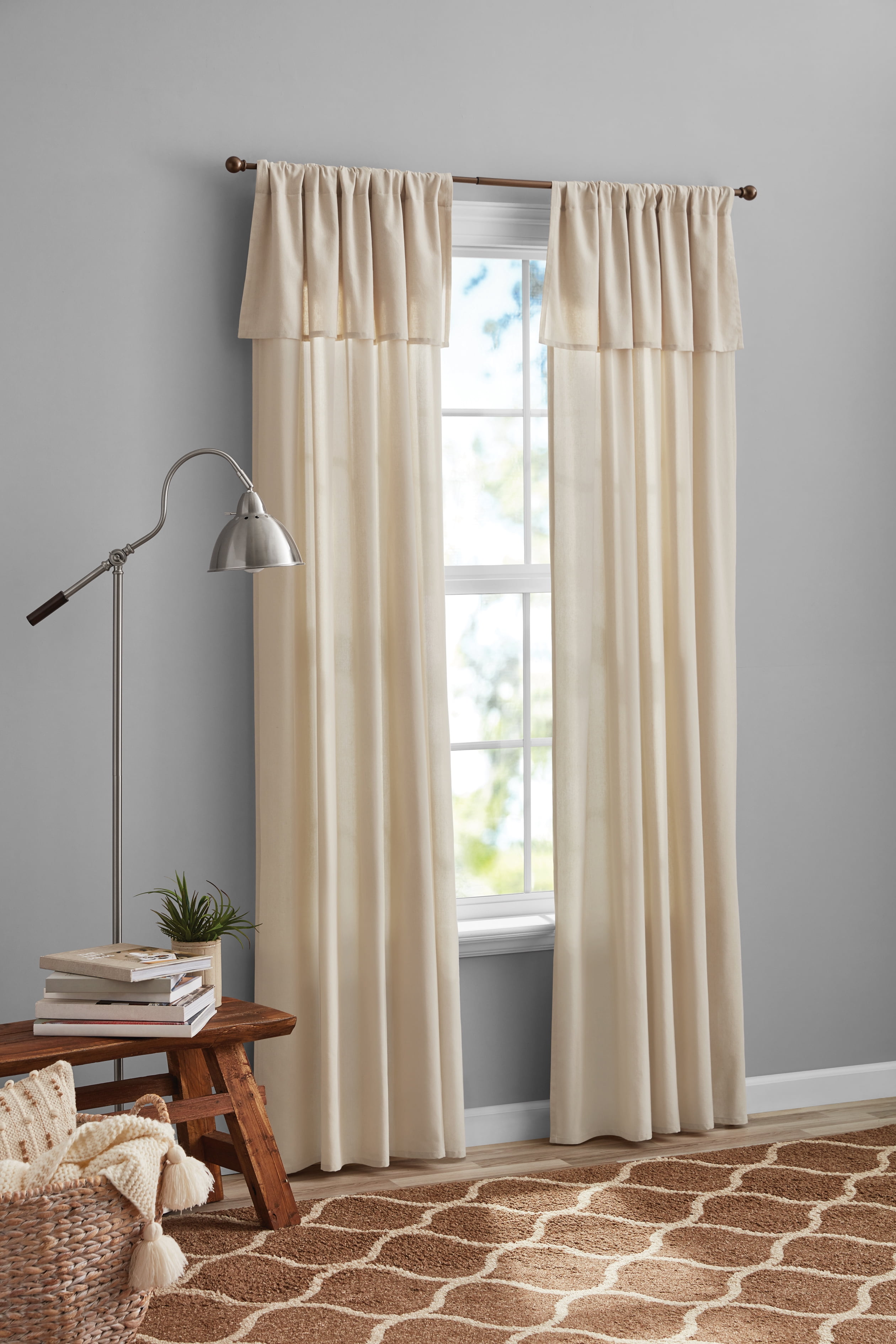 Mainstays Farmhouse Light Filtering Curtain Panel with Attached Valance, 1 Panel, Beige, 50” W x 84” L
