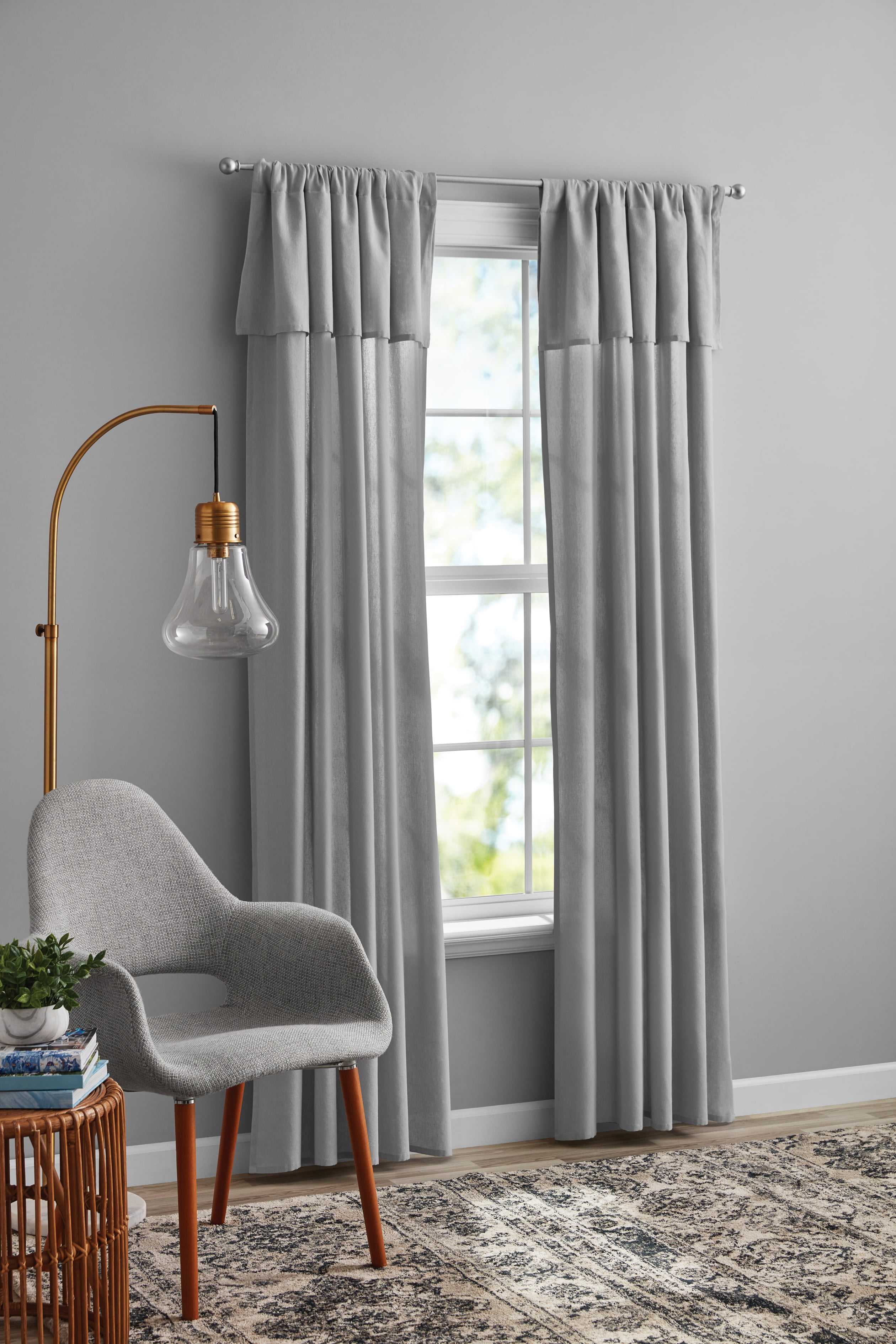 Mainstays Farmhouse Light Filtering Curtain Panel with Attached Valance, 1 Panel, Silver, 50” W x 84” L
