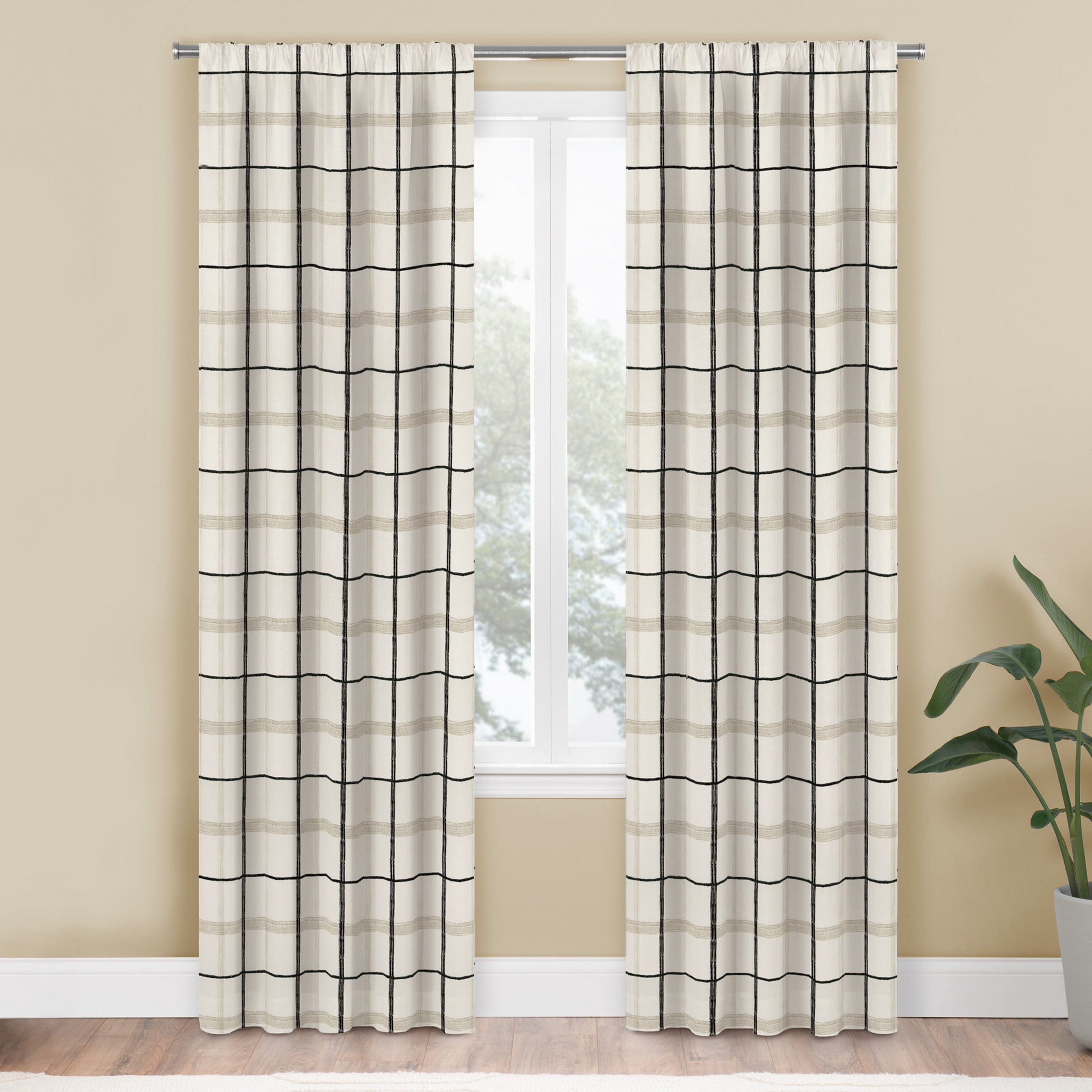 Mainstays Farmhouse Plaid Light Filtering Rod Pocket Panel Pair, Set of 2, Beige, 76 x 84