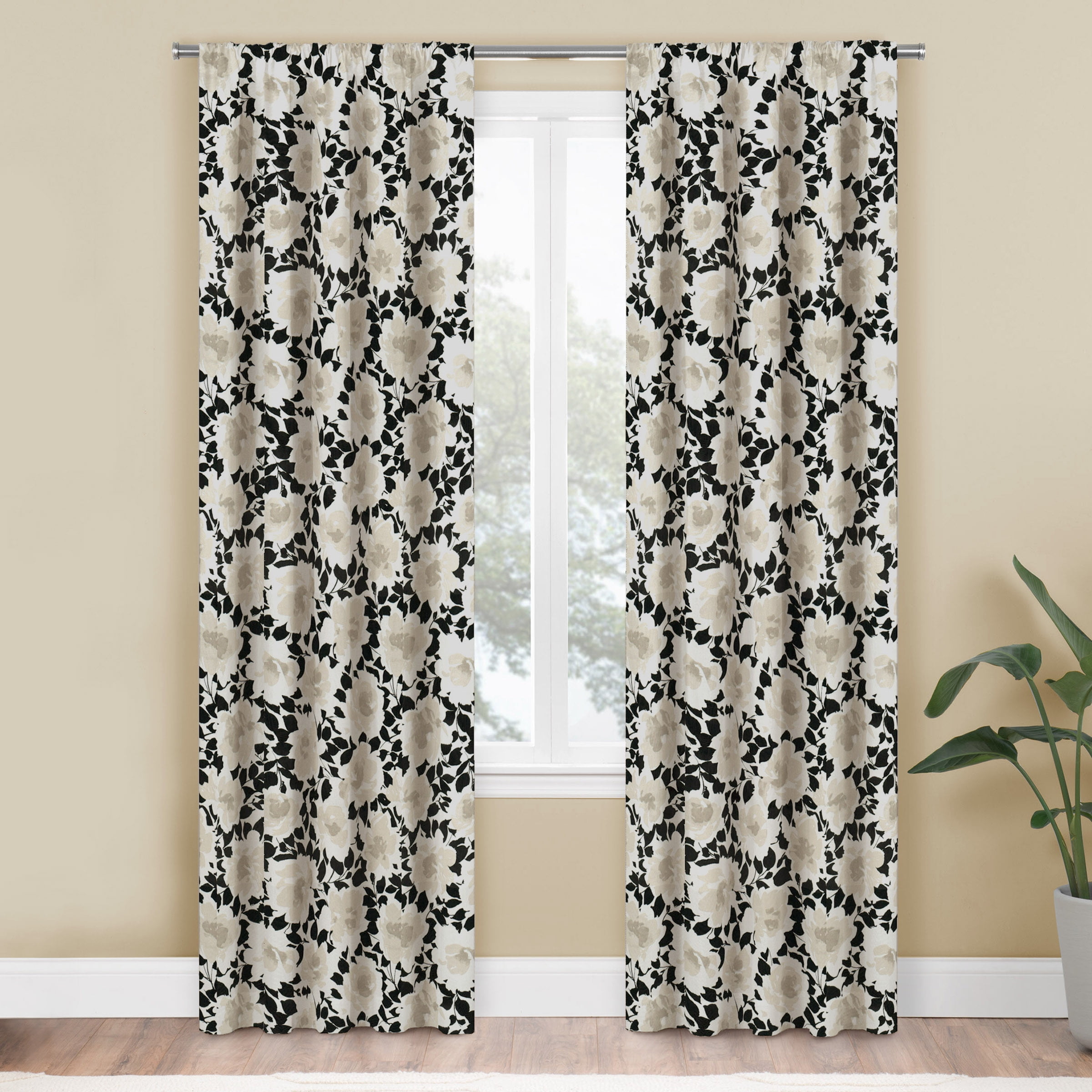 Mainstays Farmhouse Floral Light Filtering Rod Pocket Panel Pair, Set of 2, Beige, 76 x 84
