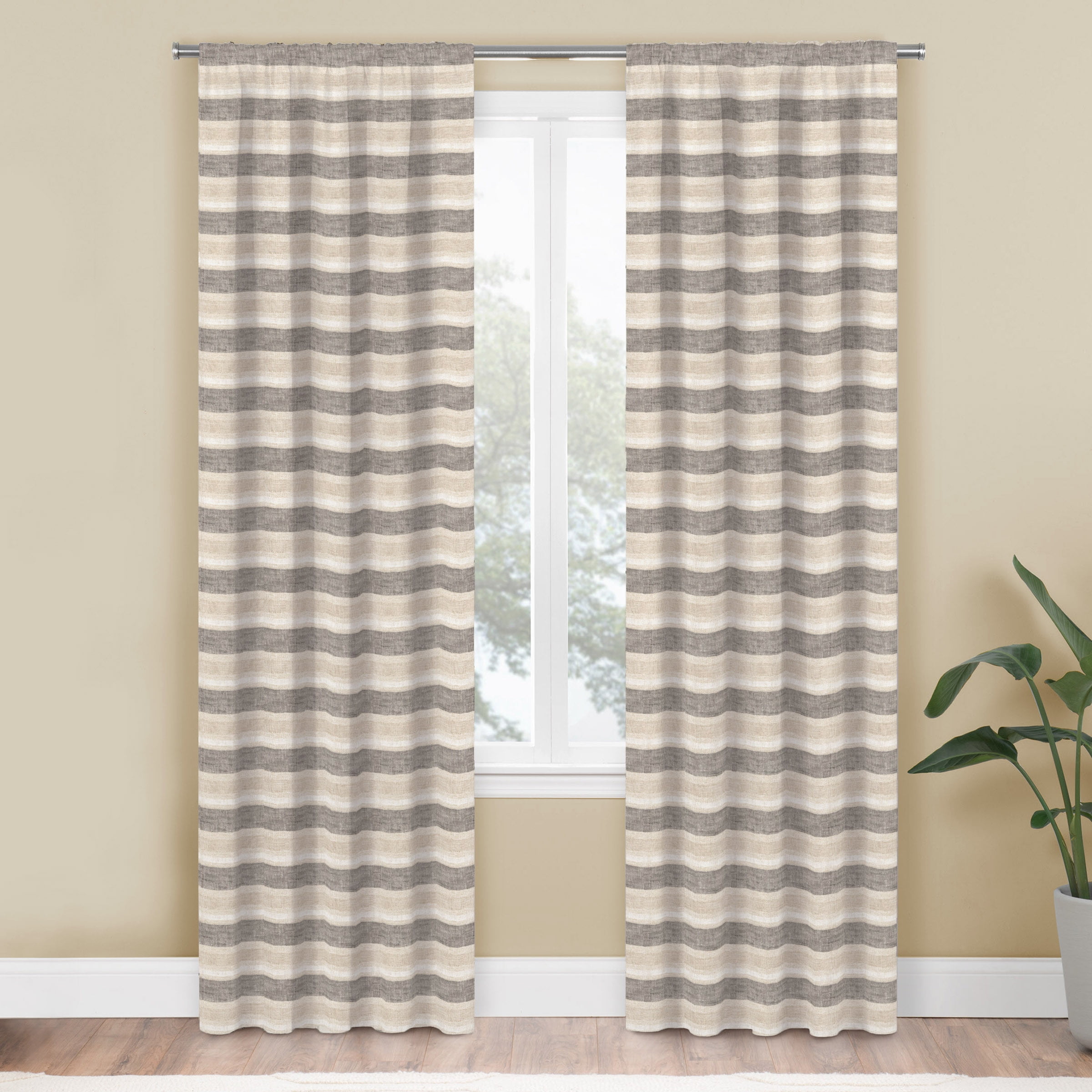 Mainstays Farmhouse Stripe Light Filtering Rod Pocket Panel Pair, Set of 2, Beige, 76 x 84