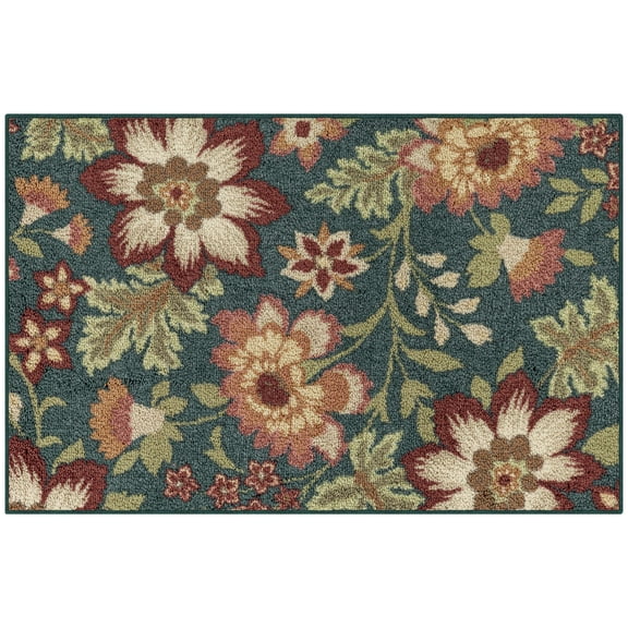Mainstays Farmhouse Oversized Floral Teal Multicolor Indoor Accent Rug, 1'8"x2'10"