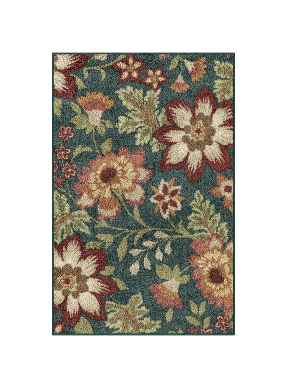 Mainstays Farmhouse Oversized Floral Teal Indoor Accent Rug, 1'8"x2'10"