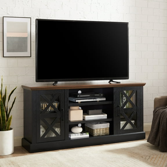 Mainstays Farmhouse TV Stand for TVs up to 70", Black/Walnut