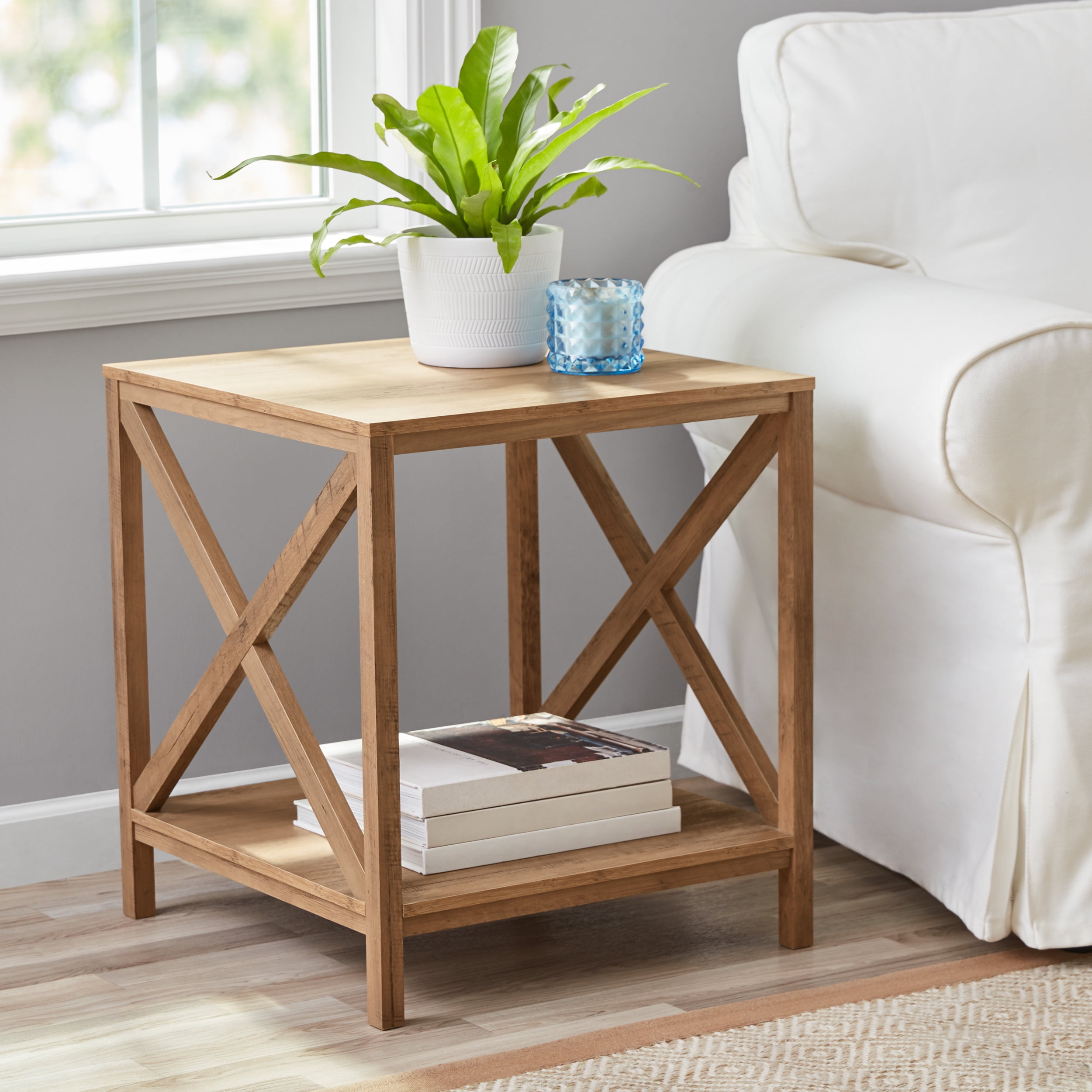 Mainstays Farmhouse X Design Square Side Table with Storage, Rustic