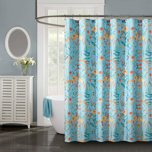 Mainstays Faux Linen Wildflower Shower Curtain, Blue Floral, 72