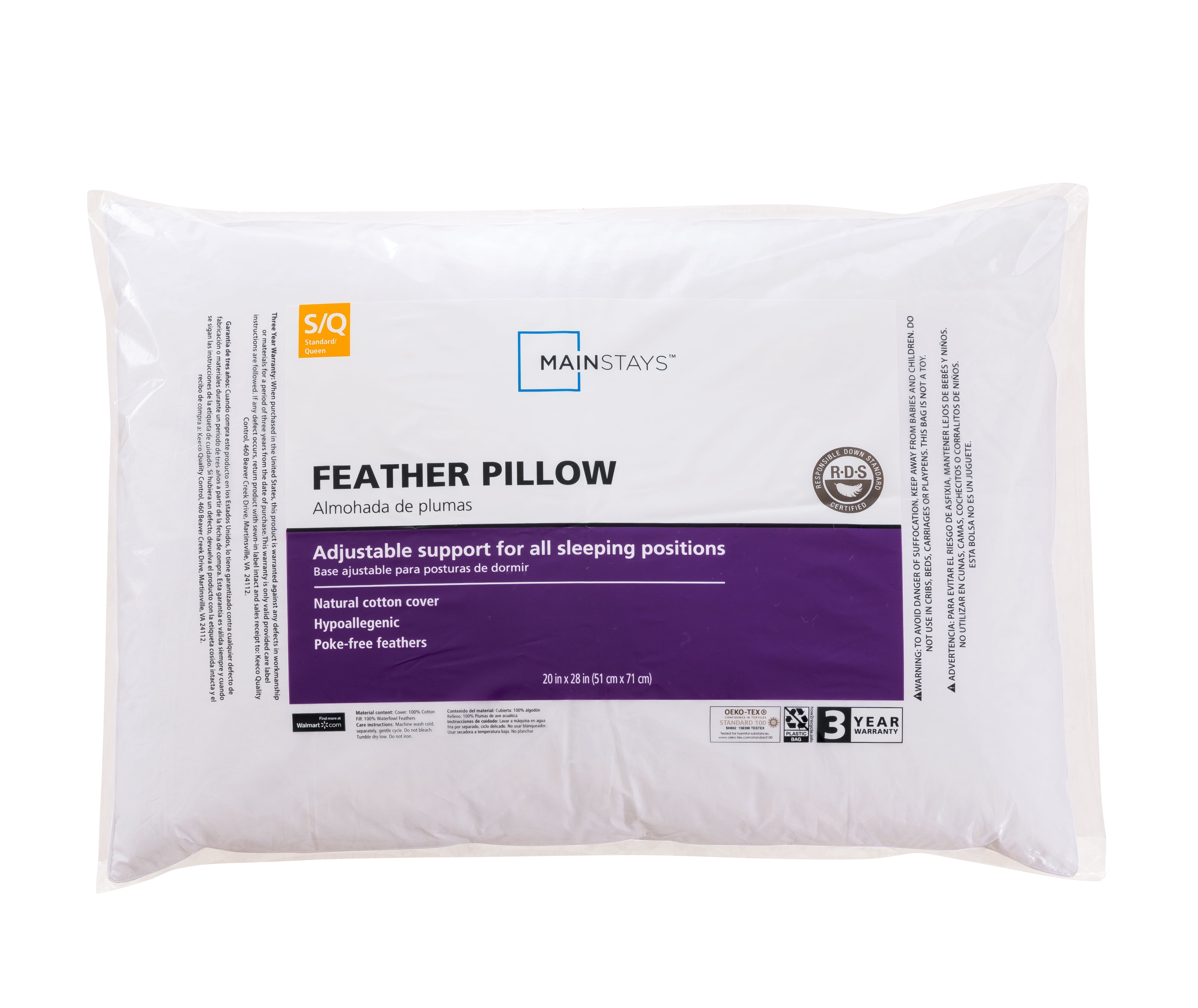 Mainstays Feather Pillow, Standard Queen, 1 Pillow