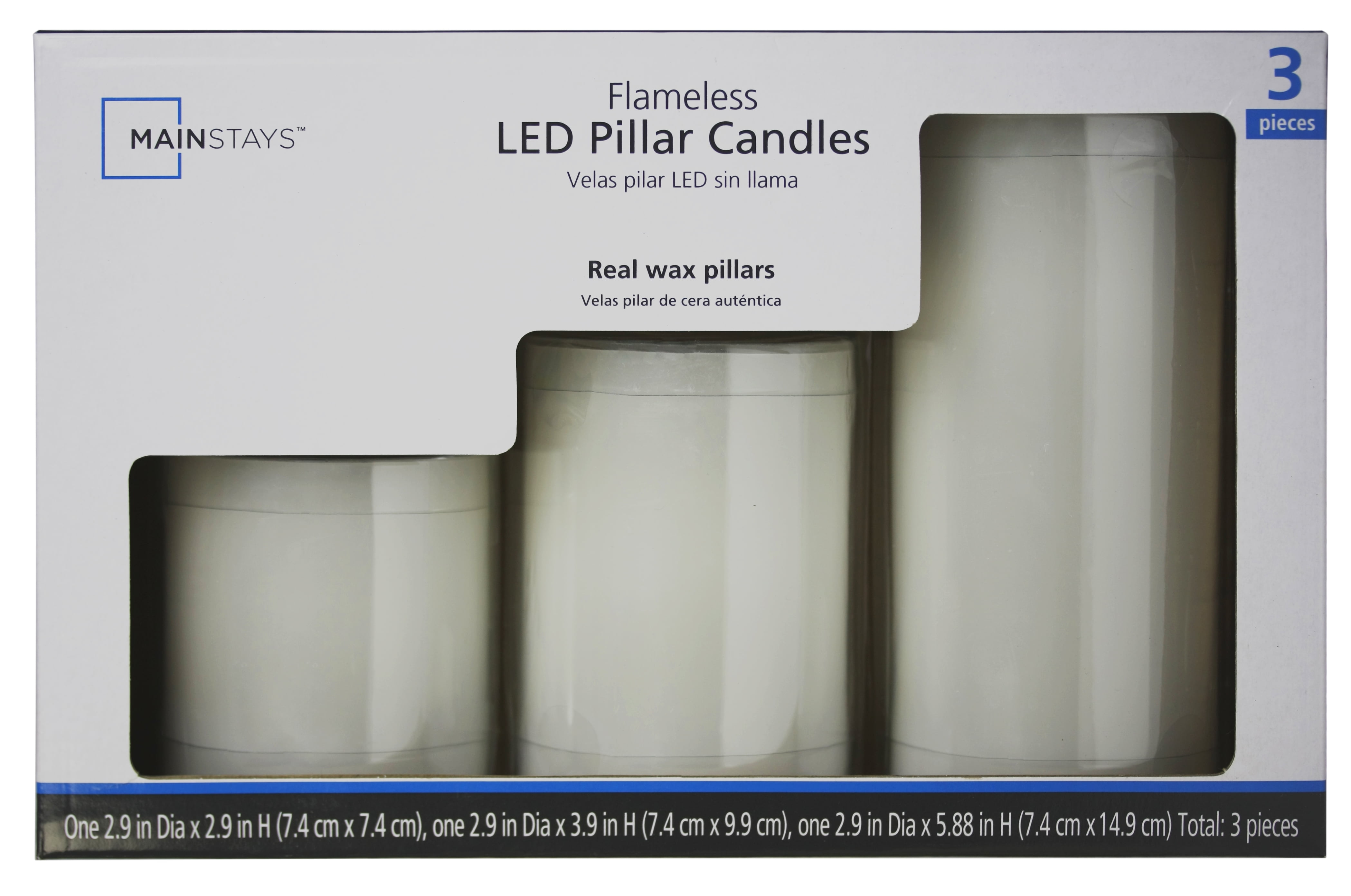 Mainstays Flameless LED Pillar Candles, White, Various Sizes, 3 Count