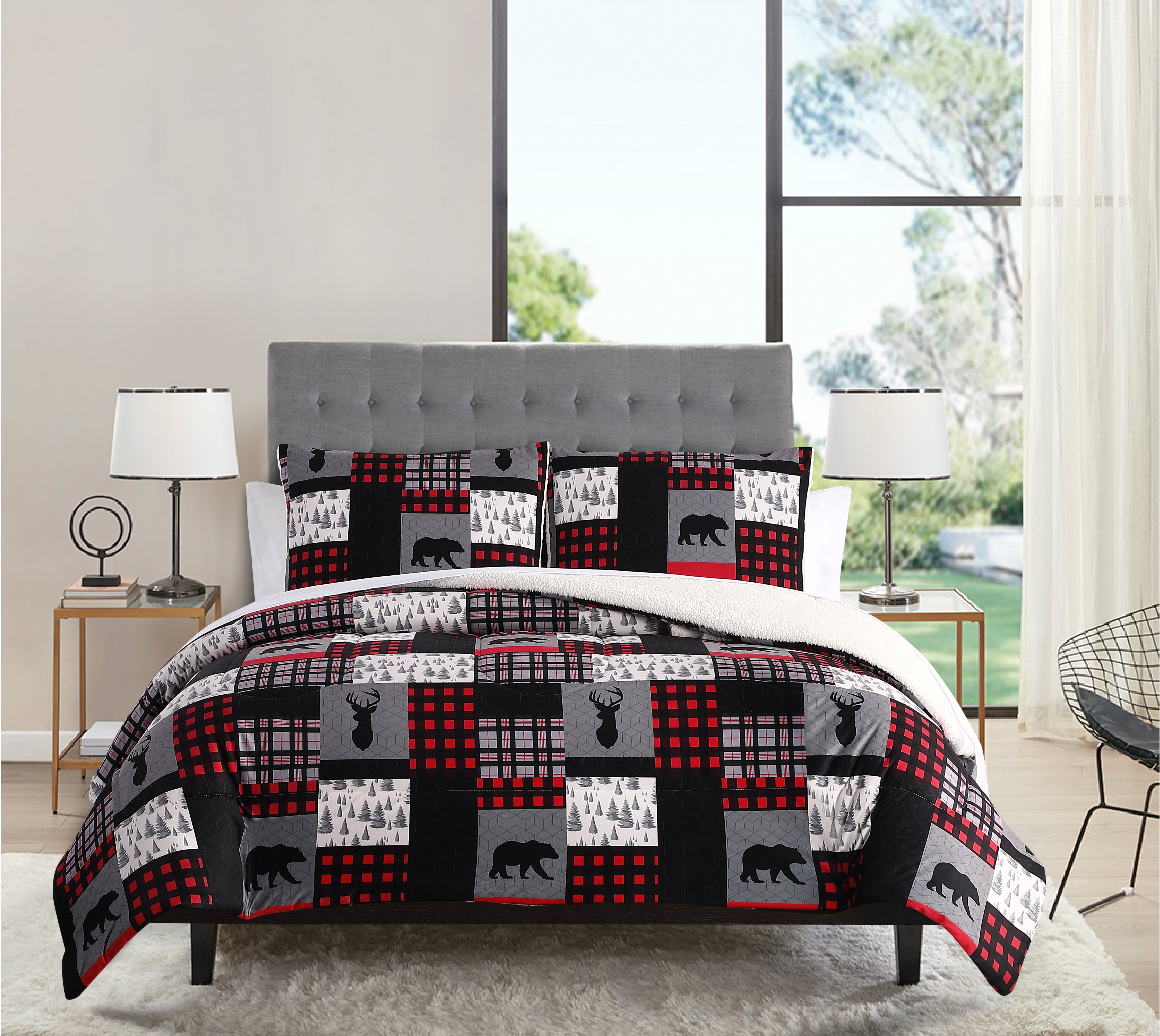 Mainstays Flannel Reverse to Sherpa 3-Piece Woodland Multi Animal Plaid 100% Polyester Fill Comforter Set, Twin