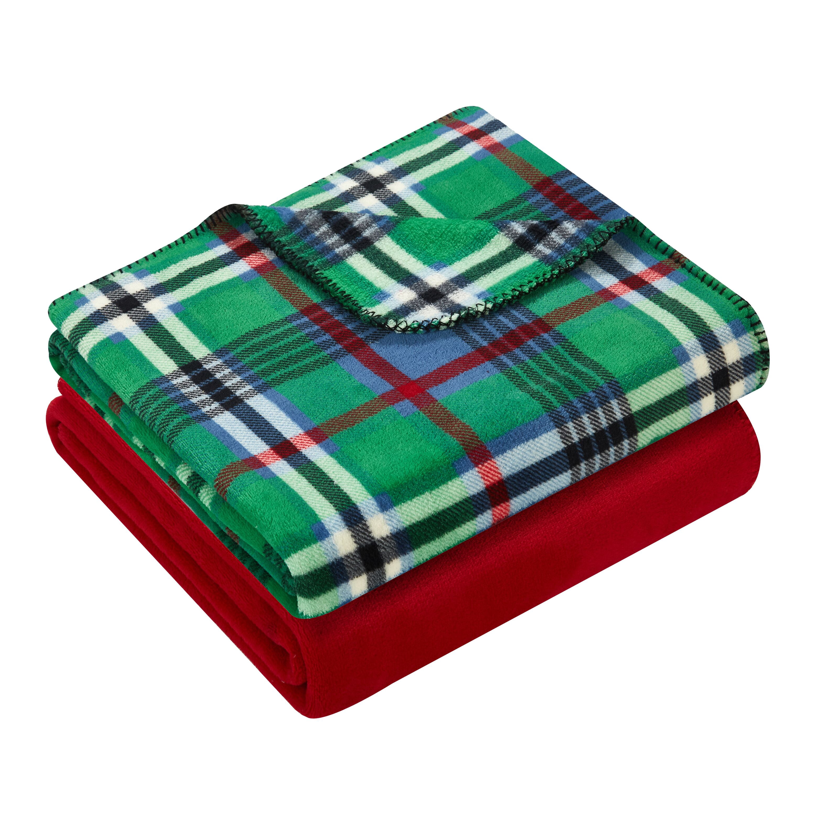 Mainstays Fleece Plush Throw Blanket, 50" x 60", Set of 2, Red Solid, Green and Blue Plaid