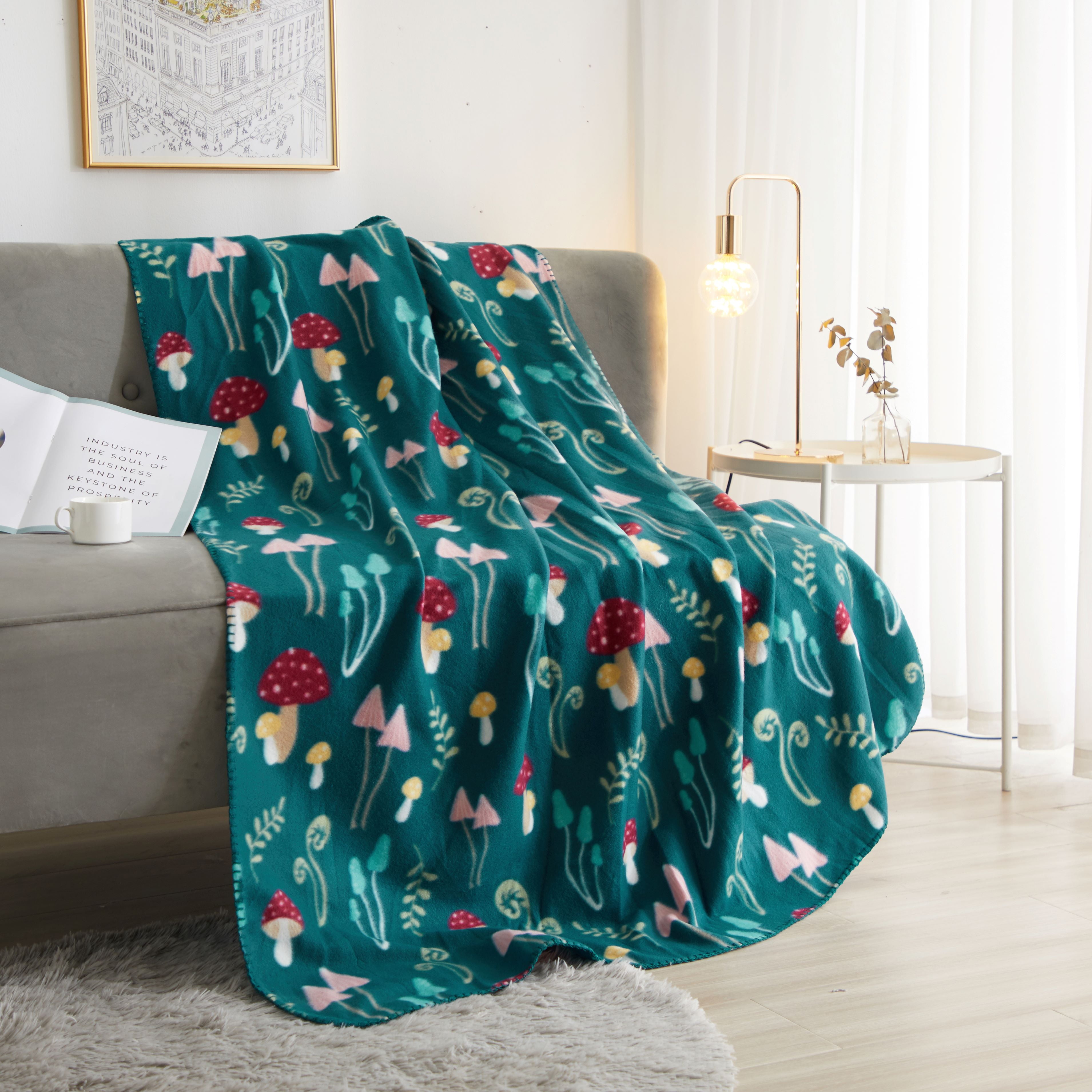 Mainstays Fleece Plush Throw Blanket 50 x 60 inches Green Mushroom Polyester Machine Washable Walmart