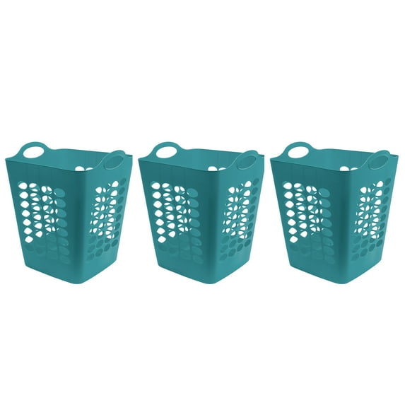 Mainstays Flexible Square Plastic Laundry Hamper, 3 Pack, Turquoise