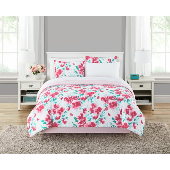 Mainstays Pink and Mint Floral 8 Piece Complete Bed in a Bag, Polyester, Full