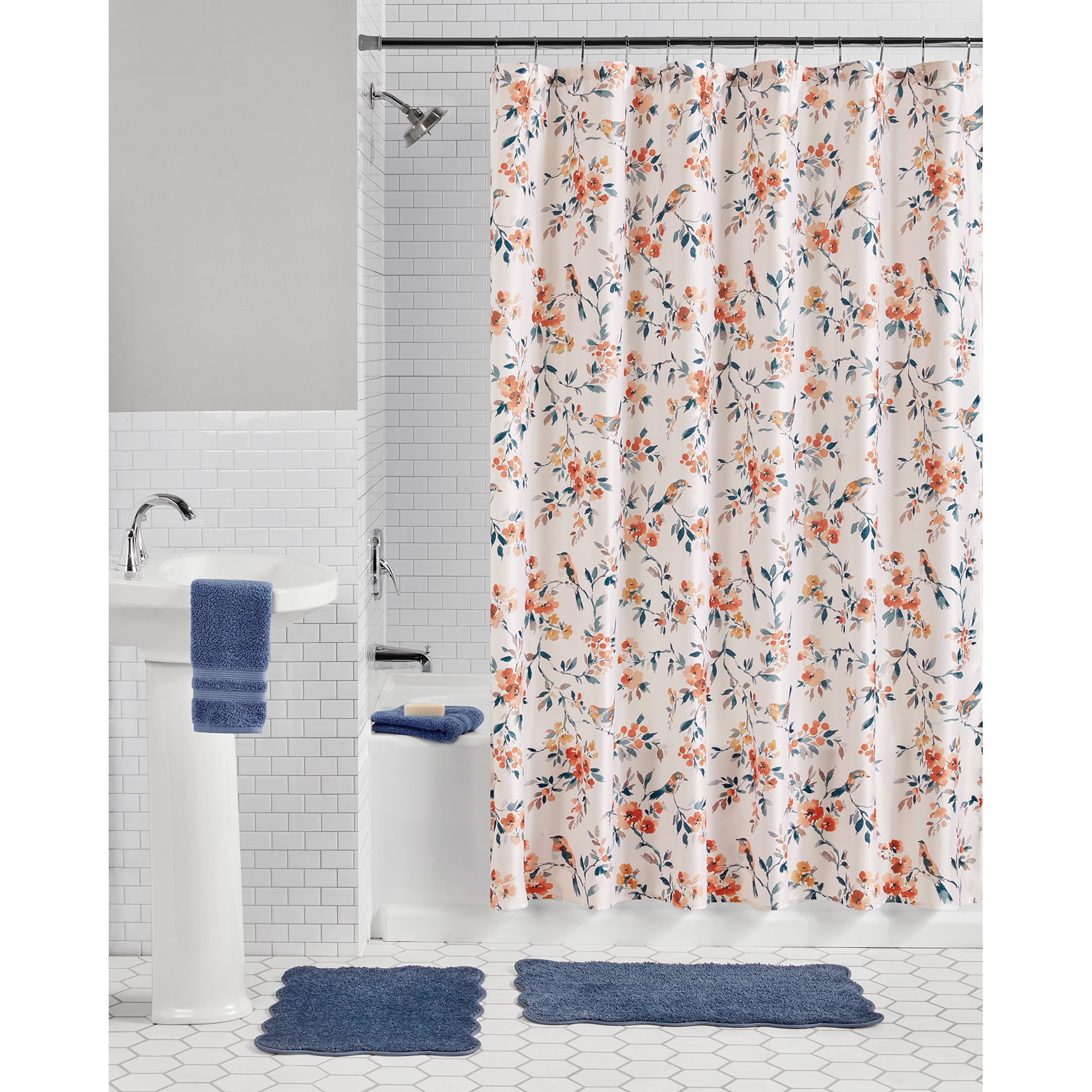 Mainstays 15-Piece White & Multi Floral Bathroom Set – Shower Curtain, Bath Rugs & Hooks with Bird & Vine Print