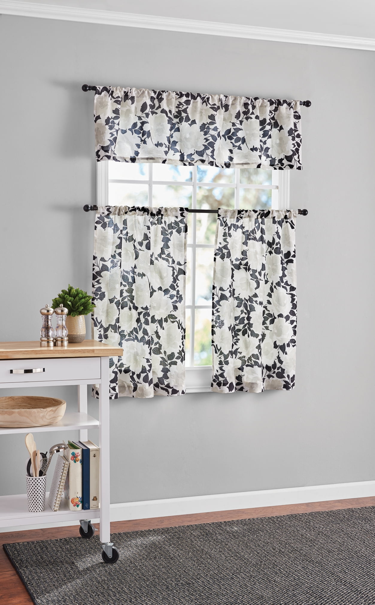Mainstays Floral Curtain Tier Pair and Valance Set, 3-Piece, Black, 56" W x 36" L