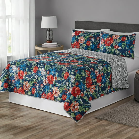 Mainstays Floral Red/Blue Floral Polyester Quilt, King, Reversible