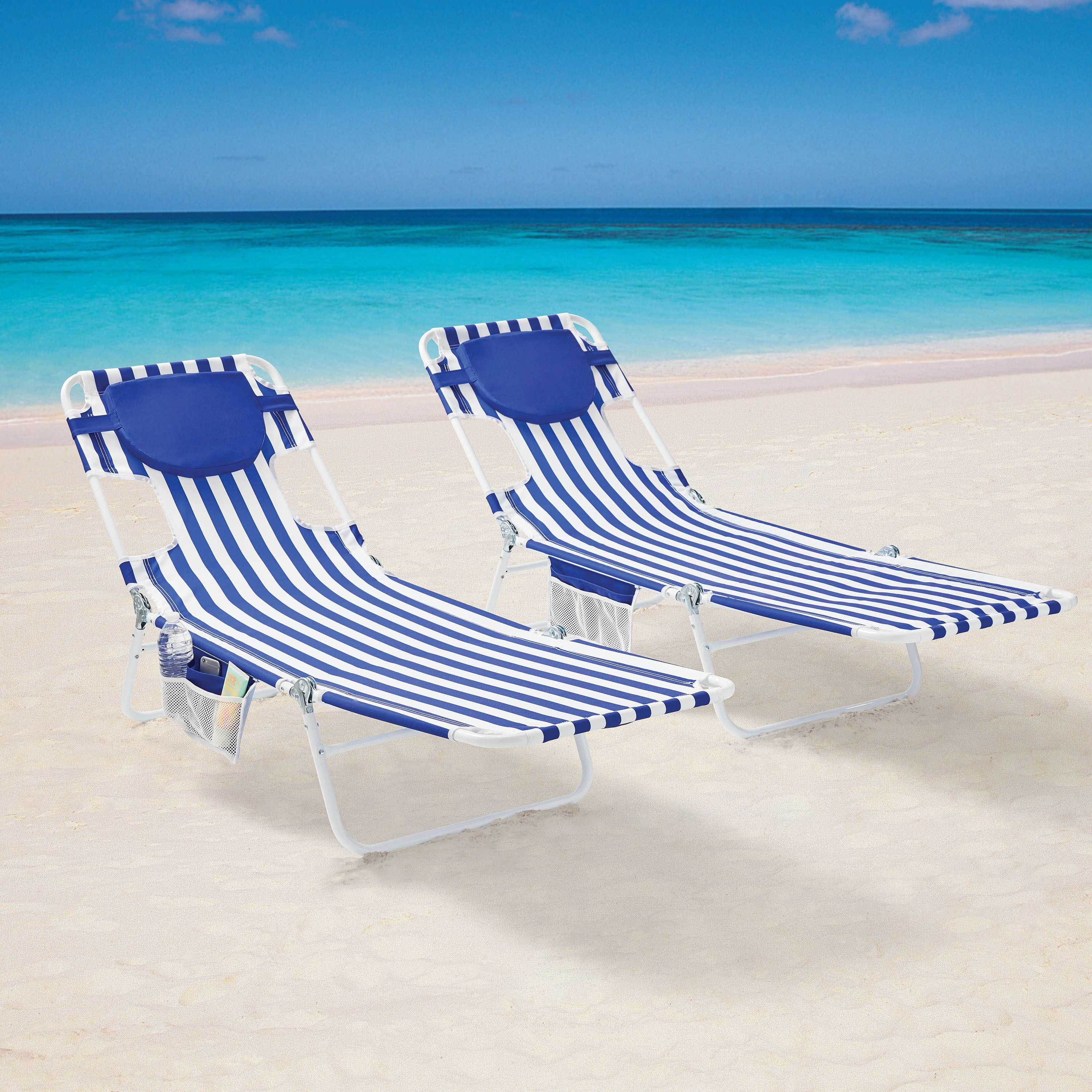 Mainstays Folding Backpack Face-Down Beach Fabric Lounger, Blue & White Stripe, 2 Pack
