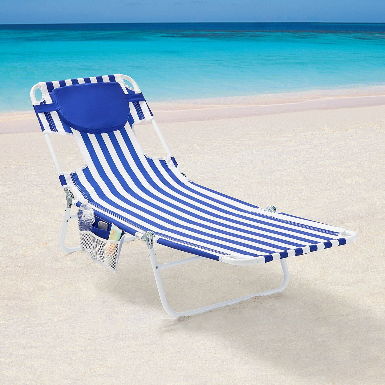Mainstays Folding Backpack Face-Down Beach Fabric Lounger, Blue & White Stripe