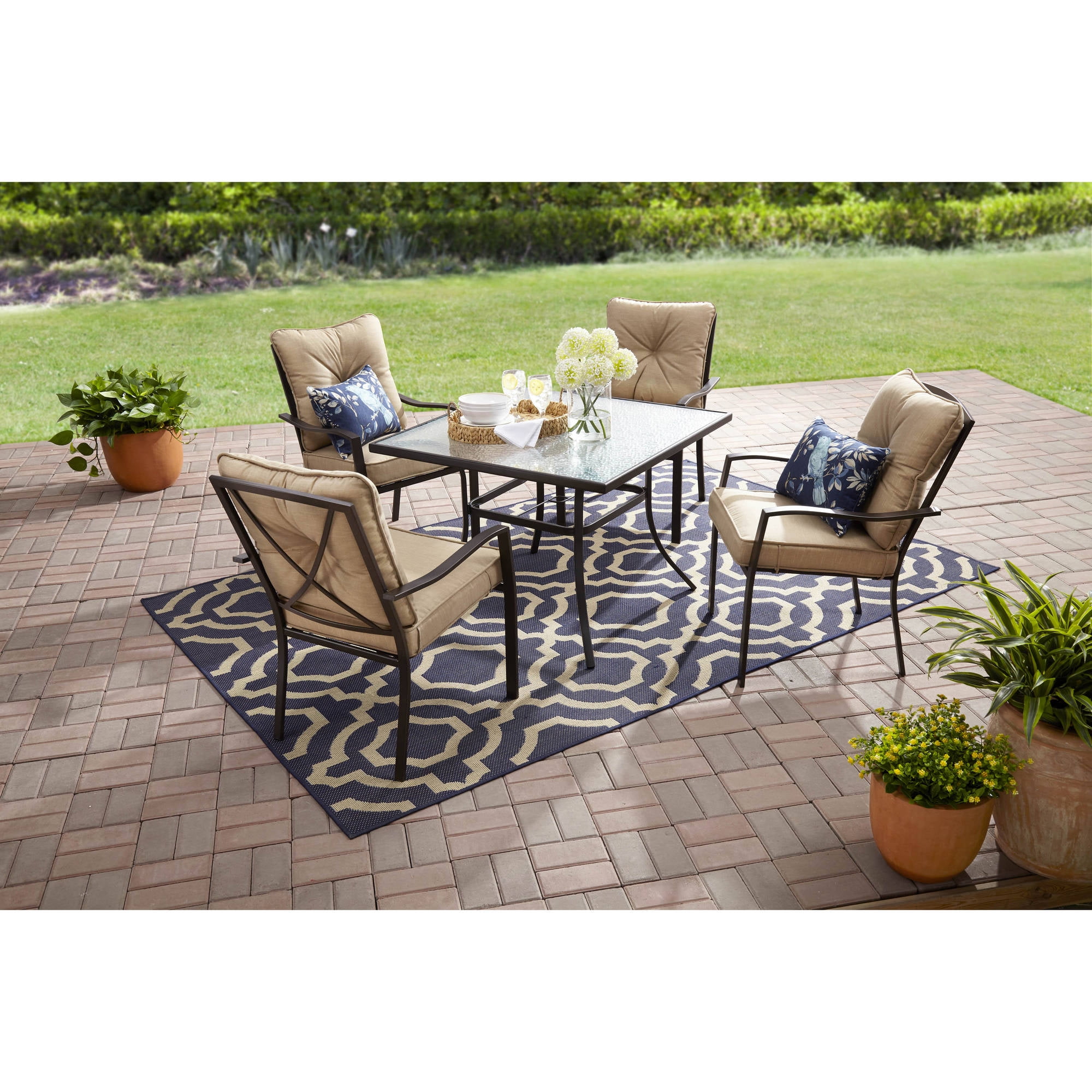 Mainstays Forest Hills Outdoor Patio Dining Set, Cushioned Metal 5 Piece, Tan