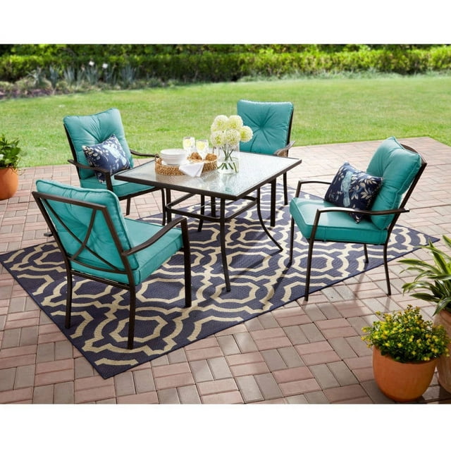 Mainstays Forest Hills Outdoor Patio Dining Set, Cushioned Metal 5 Piece, Teal