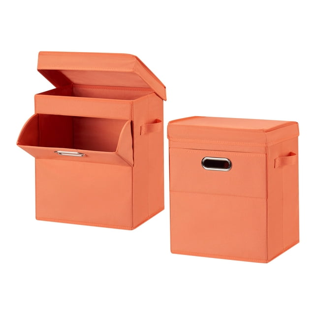 Mainstays Front Loading Stackable Laundry Hamper with Lid, Orange, 2 Pack