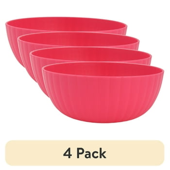 (4 pack) Mainstays - Fuchsia Pink Round Plastic Bowl, Ribbed, 38-Ounce