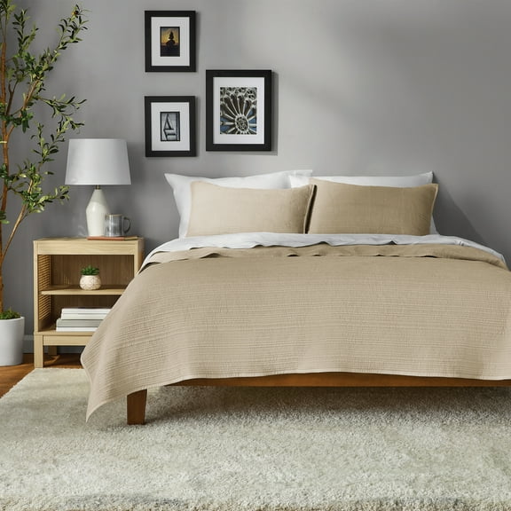 Mainstays Garment Washed Stripe Quilt, Full/Queen, Beige, Soft Microfiber Bedding