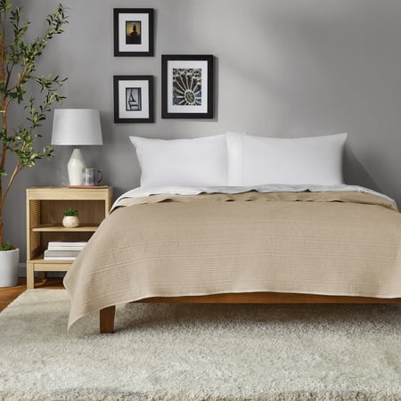 Mainstays Garment Washed Stripe Quilt, Full/Queen, Beige, Microfiber