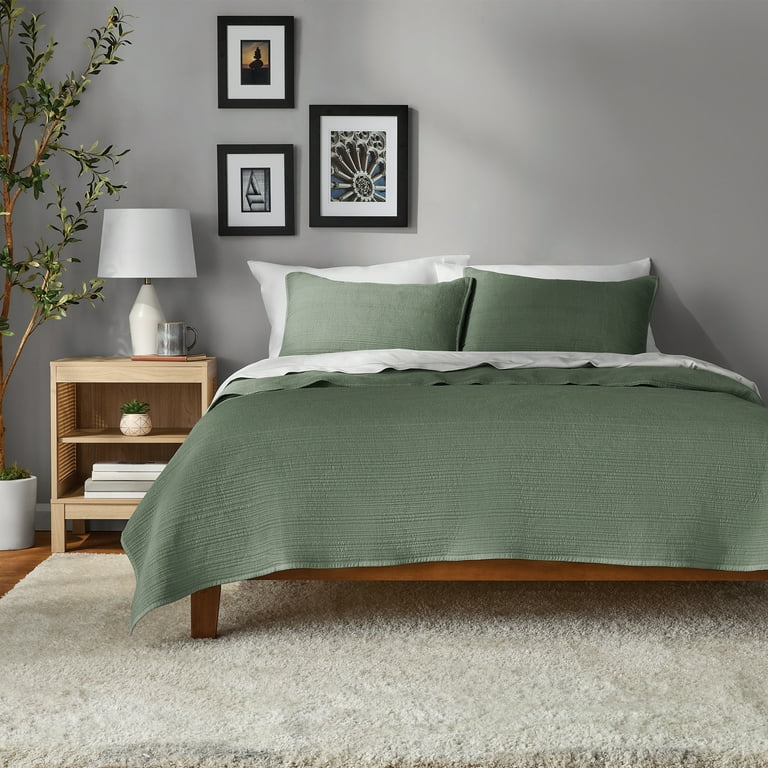 Mainstays Garment Washed Stripe Quilt, Green, Full/Queen, Microfiber, All Ages